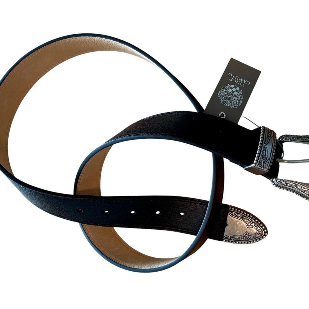 Vince Camuto Black Belt with Ornate Silver Buckle